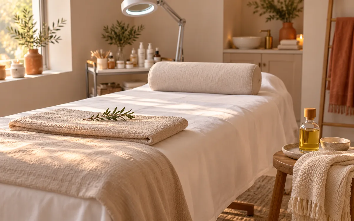 Maca arrumada para drenagem linfática, com lençol branco, toalhas dobradas e óleo de massagem na banqueta.