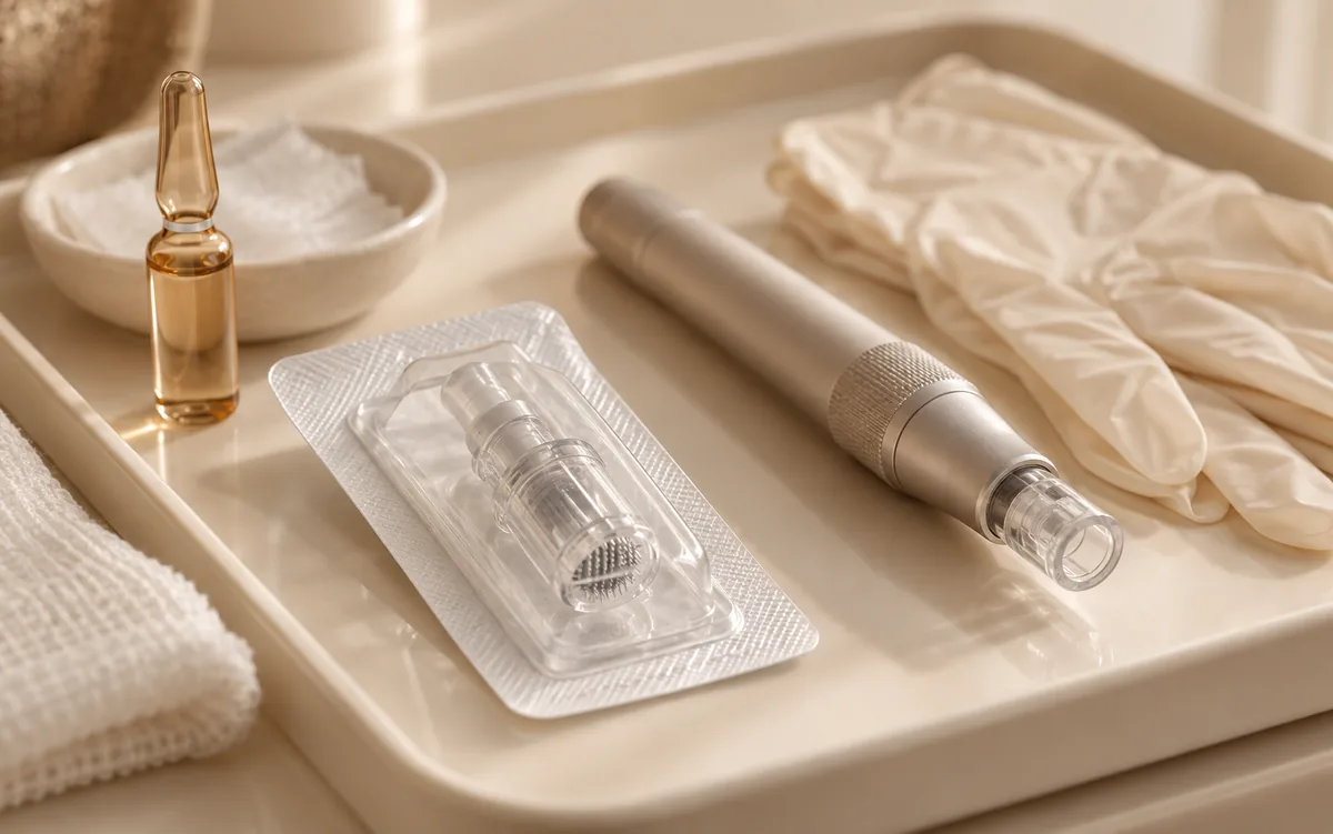 Material de microagulhamento na bandeja: cartucho lacrado, caneta, luvas e ampola de sérum.