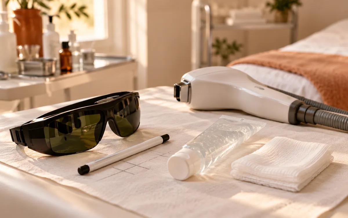 Preparação para remoção de tatuagem a laser: óculos de proteção, lápis demarcador, gel de resfriamento e gaze.