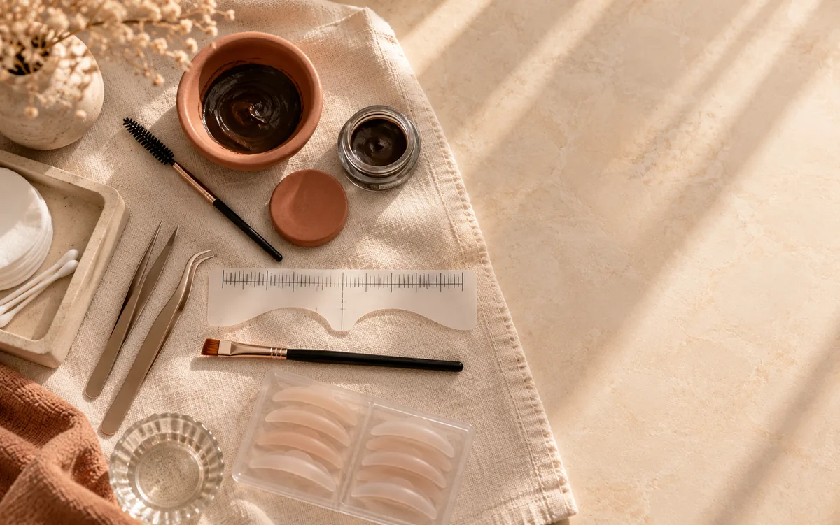 Ferramentas de design de sobrancelhas e lash lifting sobre linho: pinças, régua de mapeamento, henna e pads de silicone.
